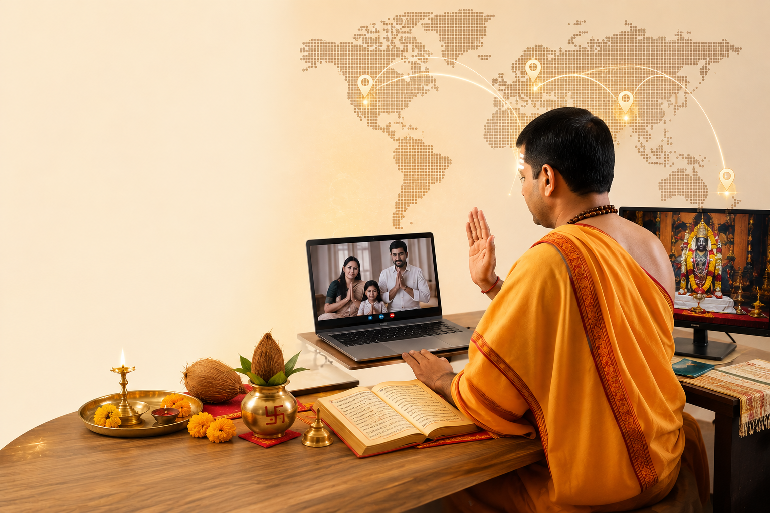 Acharya Mahipati Joshi seated at the puja vedi conducting a ceremony over video call for a family abroad, with a world map of connected locations behind him